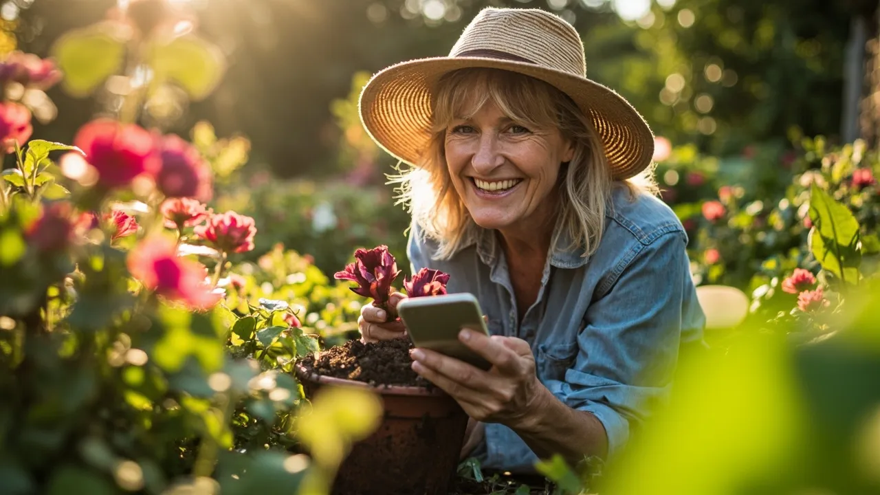 Jardinière utilisant son téléphone au jardin
